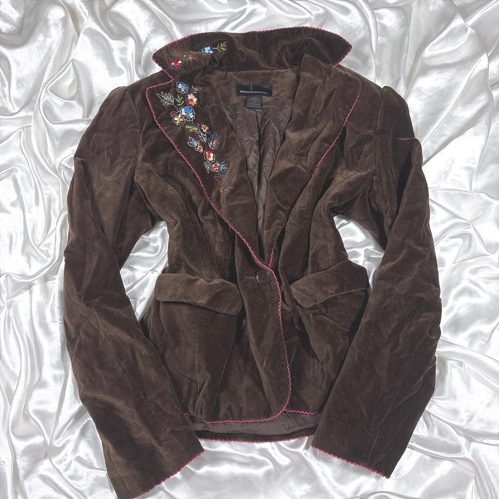y2k Blazer Brown Excellent Moda International Floral Embroidered Velvet Jacket 6